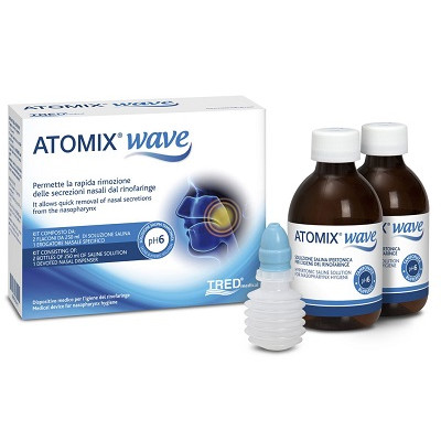 ATOMIX WAVE DISPOSITIVO PER IGIENE RINOFARINGEA ATOMIX SOLUZIONE SALINA 250 ML 2 PEZZI + TERMINALE NASALE + EROGATORE ASOFFIETTO