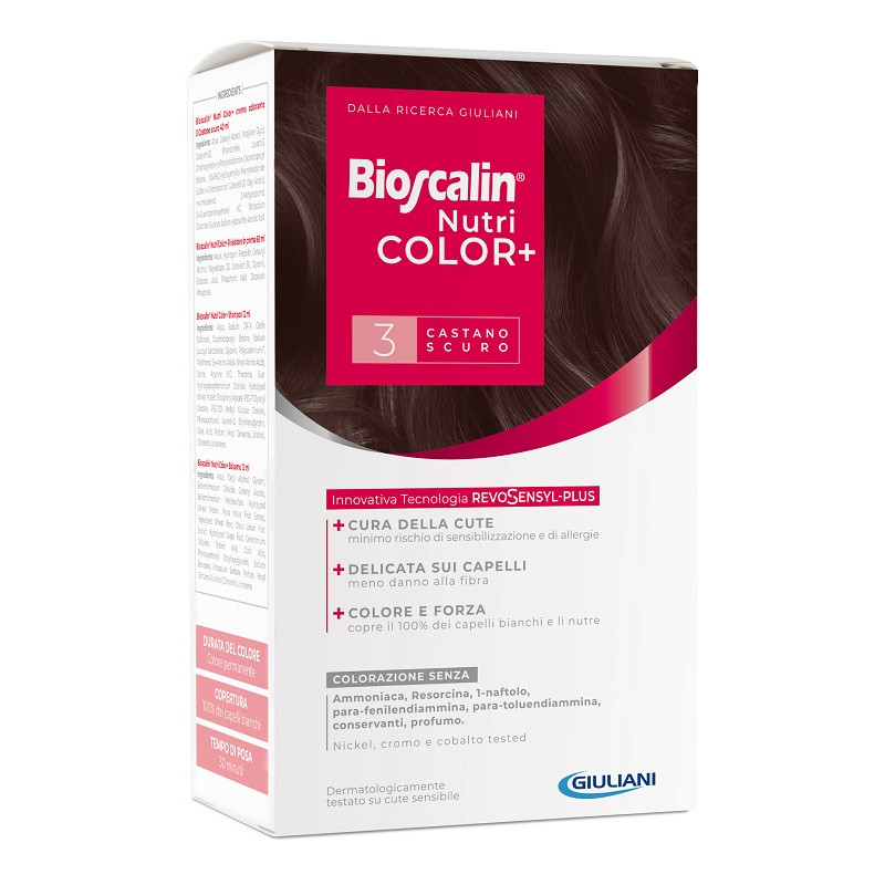 BIOSCALIN NUTRICOLOR PLUS 3 CASTANO SCURO CREMA COLORANTE 40ML + RIVELATORE CREMA 60 ML + SHAMPOO 12 ML + TRATTAMENTO FINALE BALSAMO 12 ML