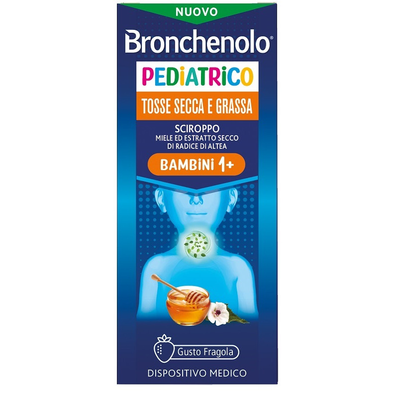 SCIROPPO BRONCHENOLO PEDIATRICO TOSSE SECCA E GRASSA DA 1 ANNO IN SU 120 ML GUSTO FRAGOLA SENZA COLORANTI ARTIFICIALI, SENZA ALCOL, SENZA OGM