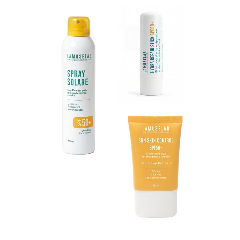 LAMUSELAB COFANETTO ESTATE POCHETTE 1 HYDRA REPAIR STICK SPF50+ 5,5 ML + 1 SUN SKIN CONTROL 50 ML + 1 SPRAY SOLAYRE 50+200 ML