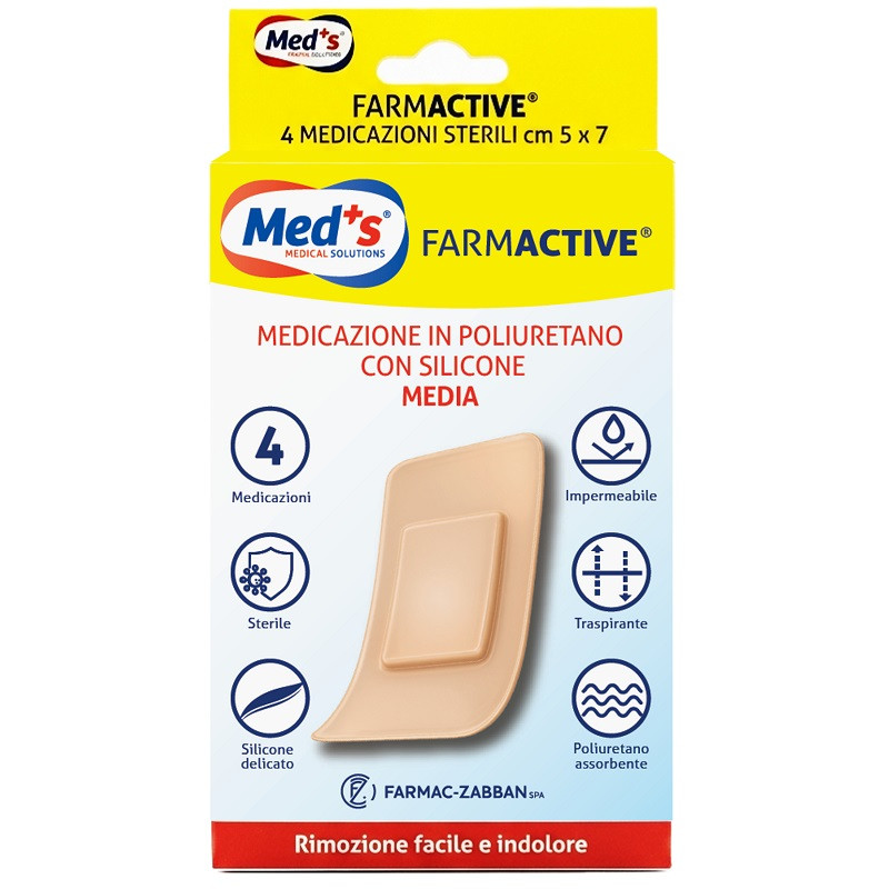 MEDICAZIONE MEDS FARMACTIVE POLIURETANO CON SILICONE CON BORDI MEDIA 5X7 CM 4 PEZZI