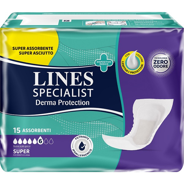 PANNOLONE PER INCONTINENZA LINES SPECIALIST DERMA PROTECTIONSAGOMATO ANATOMICO SUPER 15 PEZZI