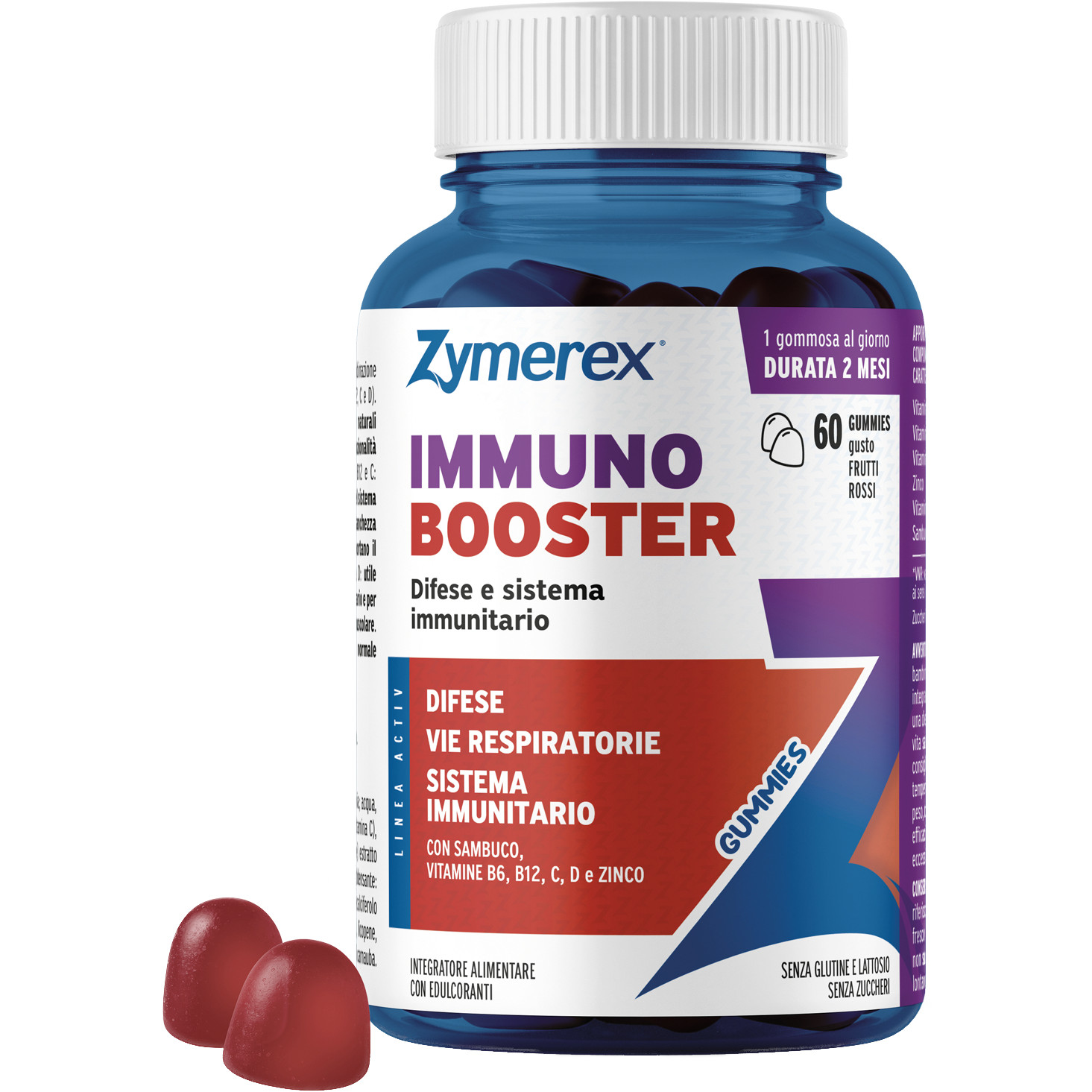 ZYMEREX IMMUNO BOOSTER 60 GUMMIES GUSTO FRUTTI ROSSI SENZA ZUCCHERI CON EDULCORANTI SENZA GLUTINE SENZA LATTOSIO